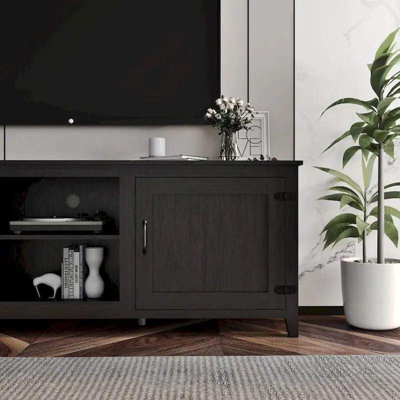 Meuble TV Mieres pour téléviseur de 75 pouces, Centre de divertissement avec deux portes et 4 compartiments de rangement ouverts, Meuble multimédia