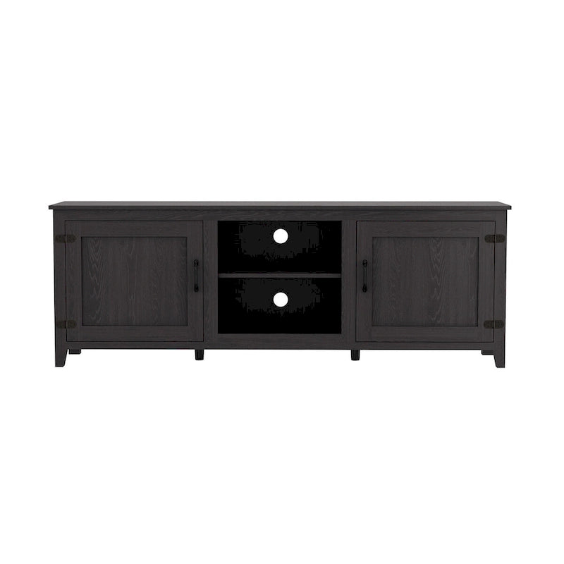 Meuble TV Mieres pour téléviseur de 75 pouces, Centre de divertissement avec deux portes et 4 compartiments de rangement ouverts, Meuble multimédia
