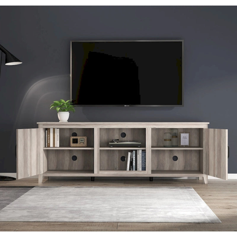 Meuble TV Mieres pour téléviseur de 75 pouces, Centre de divertissement avec deux portes et 4 compartiments de rangement ouverts, Meuble multimédia
