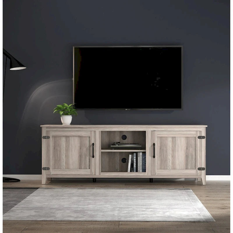 Meuble TV Mieres pour téléviseur de 75 pouces, Centre de divertissement avec deux portes et 4 compartiments de rangement ouverts, Meuble multimédia