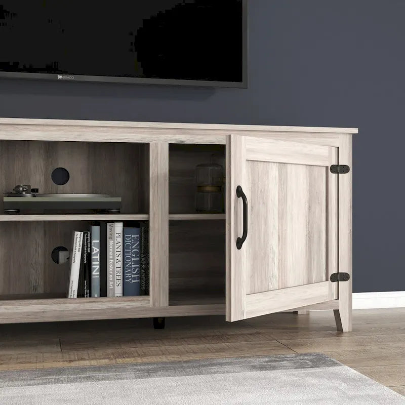 Meuble TV Mieres pour téléviseur de 75 pouces, Centre de divertissement avec deux portes et 4 compartiments de rangement ouverts, Meuble multimédia