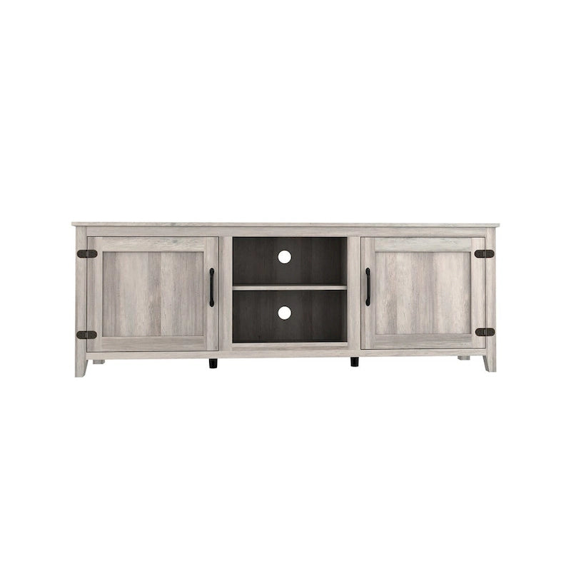 Meuble TV Mieres pour téléviseur de 75 pouces, Centre de divertissement avec deux portes et 4 compartiments de rangement ouverts, Meuble multimédia