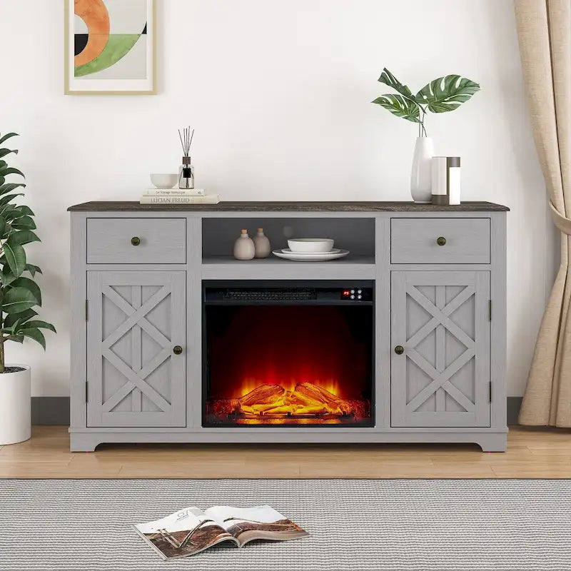 Meuble TV de ferme avec cheminée pour téléviseur jusqu'à 65 pouces - 60 po L x 33 po H x 15,5 po P