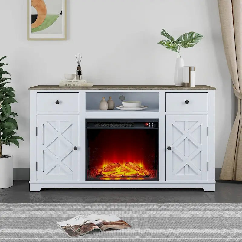 Meuble TV de ferme avec cheminée pour téléviseur jusqu'à 65 pouces - 60 po L x 33 po H x 15,5 po P