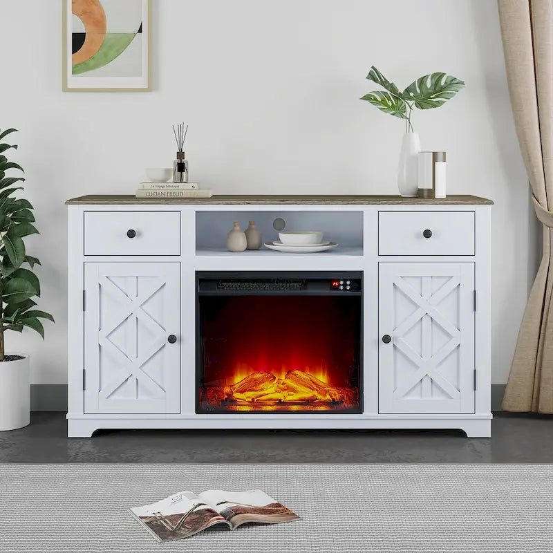 Meuble TV de ferme avec cheminée pour téléviseur jusqu'à 65 pouces - 60 po L x 33 po H x 15,5 po P