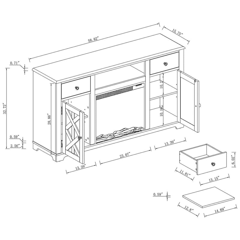 Meuble TV de ferme avec cheminée pour téléviseur jusqu'à 65 pouces - 60 po L x 33 po H x 15,5 po P