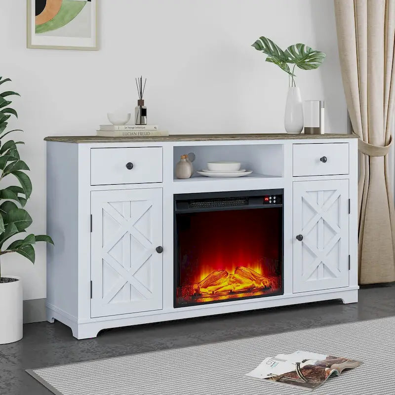 Meuble TV de ferme avec cheminée pour téléviseur jusqu'à 65 pouces - 60 po L x 33 po H x 15,5 po P