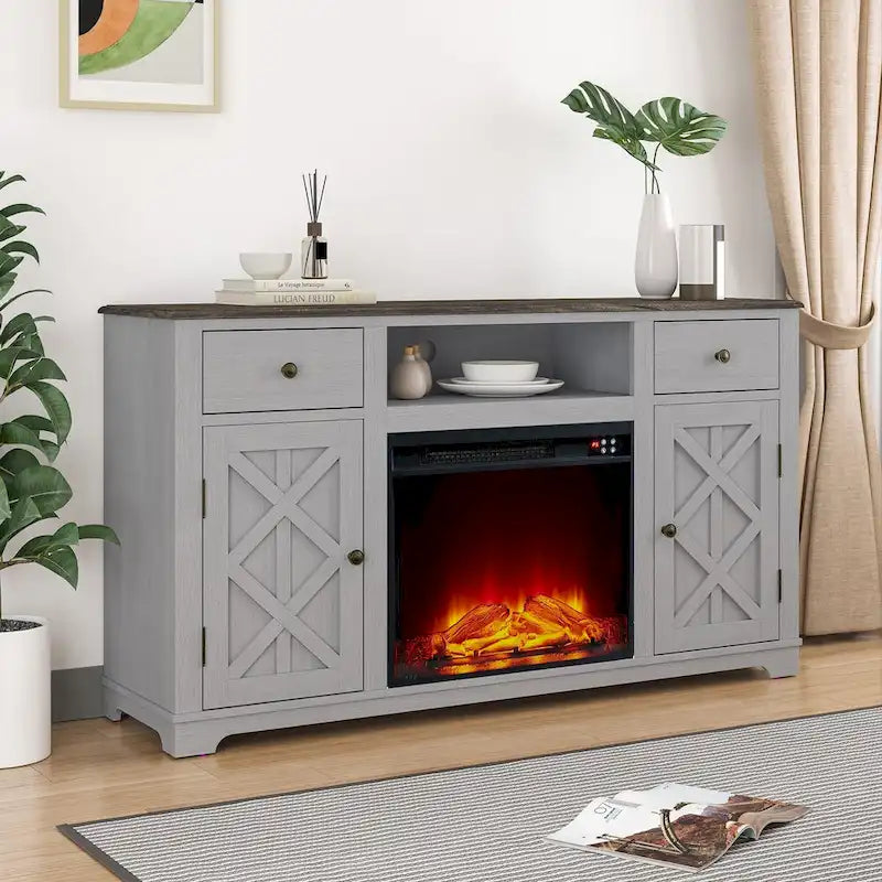 Meuble TV de ferme avec cheminée pour téléviseur jusqu'à 65 pouces - 60 po L x 33 po H x 15,5 po P