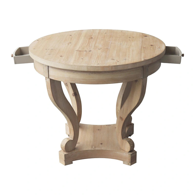 Table à manger ronde de petite taille style ferme avec pieds courbés - Bois naturel