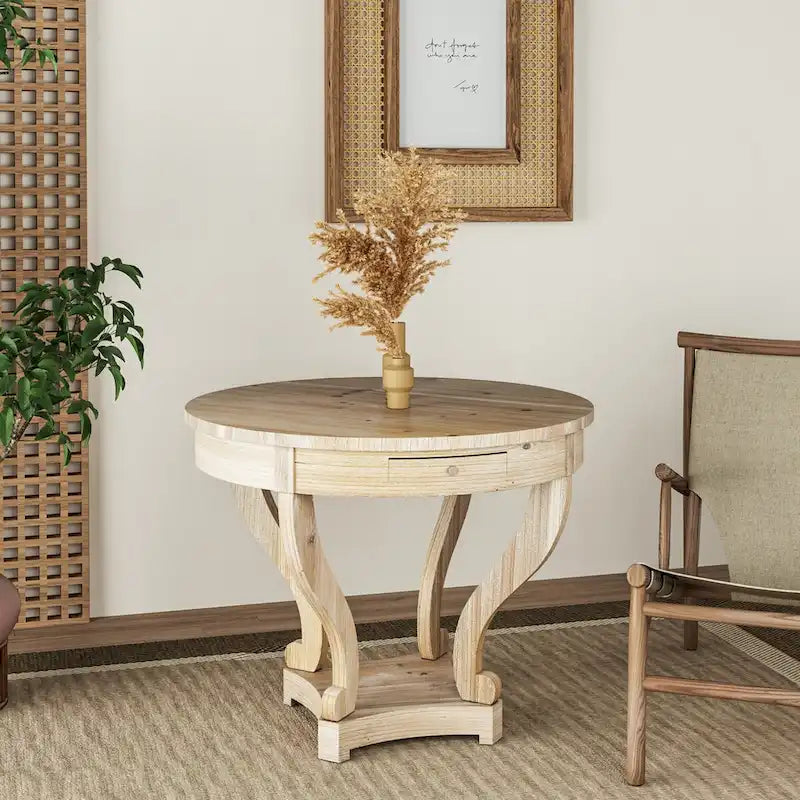 Table à manger ronde de petite taille style ferme avec pieds courbés - Bois naturel