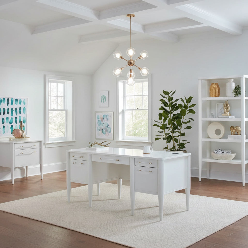 Bureau contemporain à semi-piédestal blanc