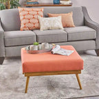 Pouf carré corail du milieu du siècle avec pieds en hévéa