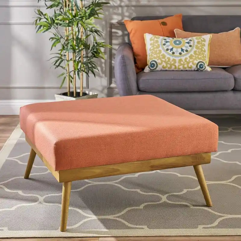 Pouf carré corail du milieu du siècle avec pieds en hévéa