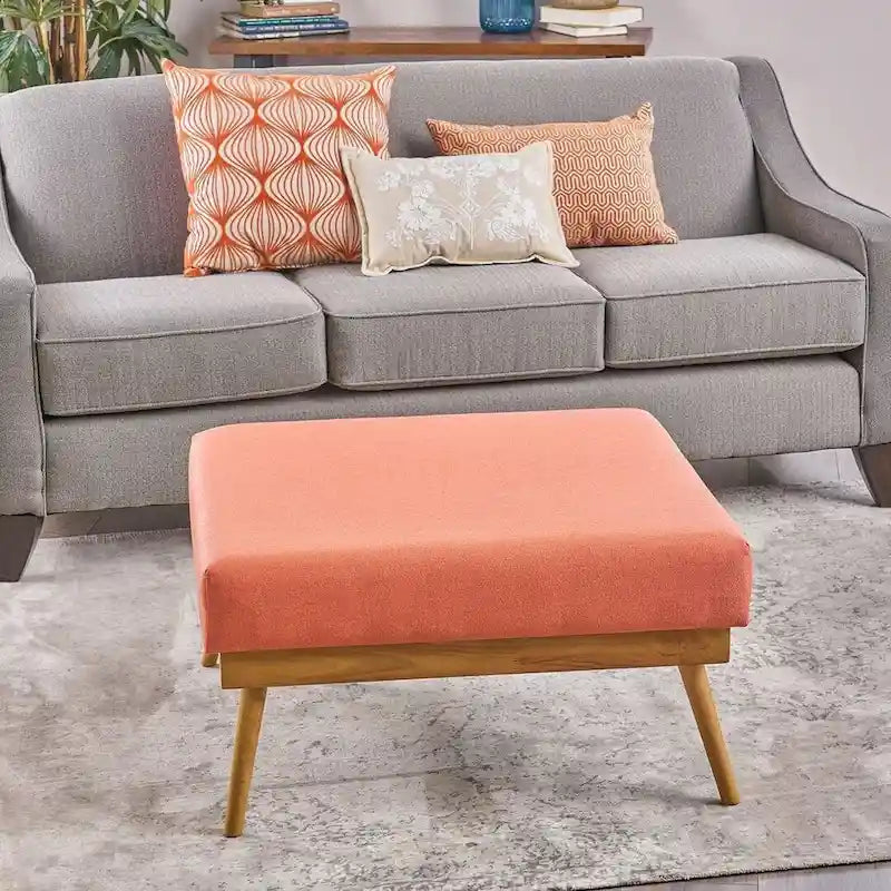 Pouf carré corail du milieu du siècle avec pieds en hévéa