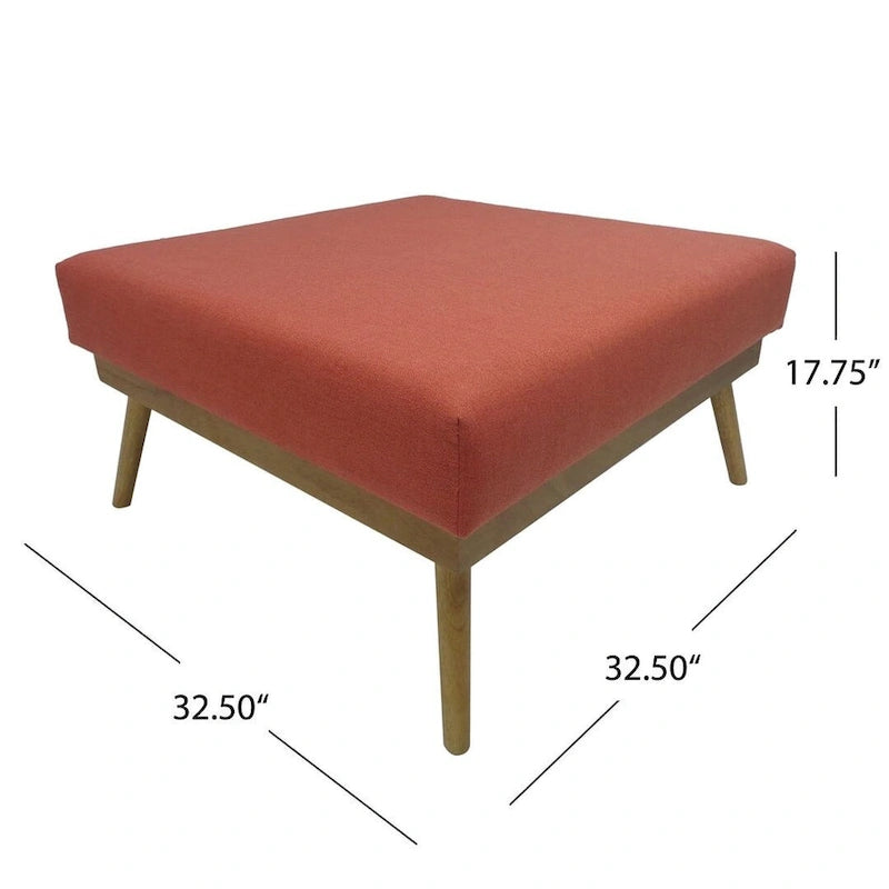 Pouf carré corail du milieu du siècle avec pieds en hévéa