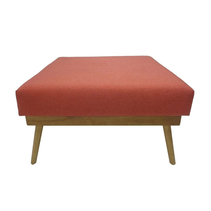 Pouf carré corail du milieu du siècle avec pieds en hévéa