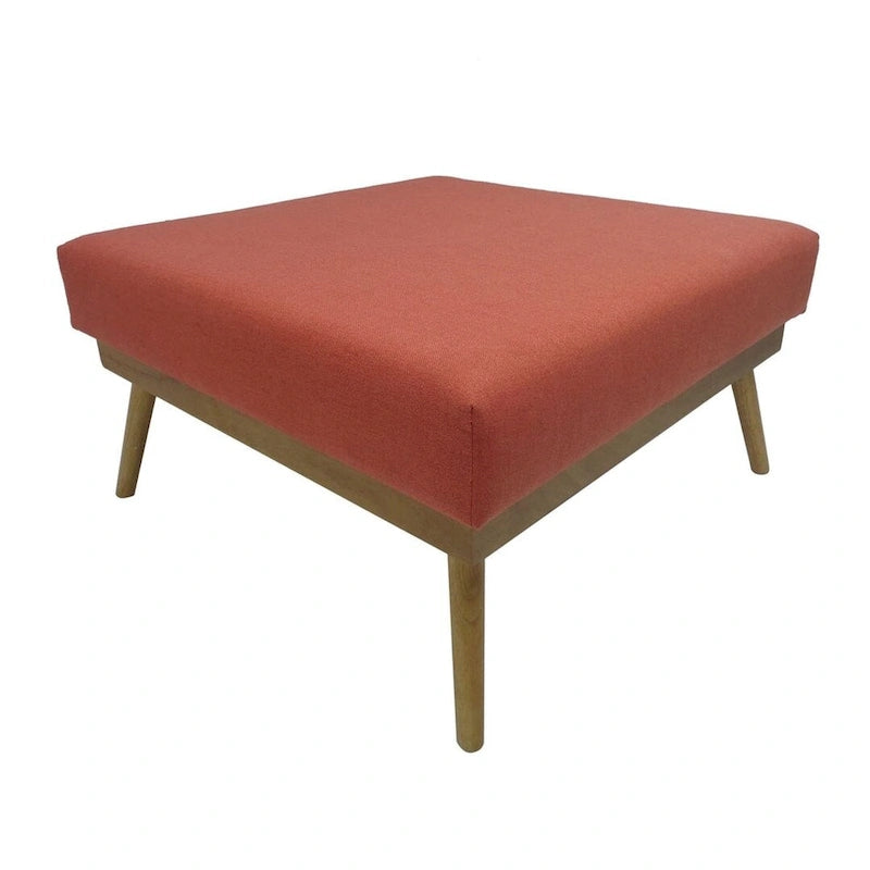 Pouf carré corail du milieu du siècle avec pieds en hévéa