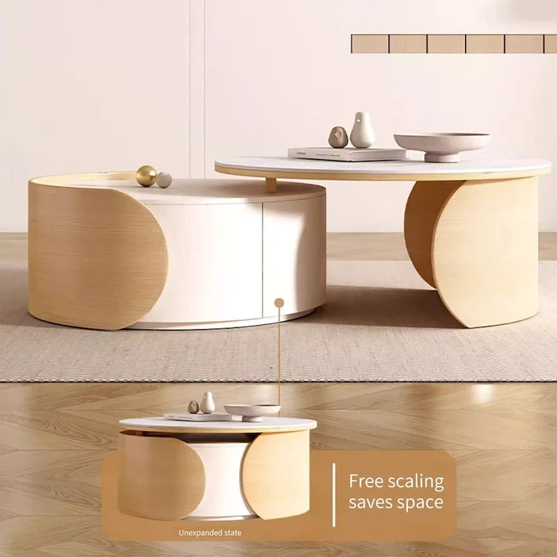 Table basse ronde moderne, plateau en pierre, bois naturel - 50 x 31,5