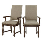 Chaise de salle à manger avec accoudoirs Tom 26 po, polyester beige, clous décoratifs, bois massif brun