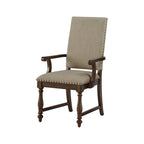 Chaise de salle à manger avec accoudoirs Tom 26 po, polyester beige, clous décoratifs, bois massif brun