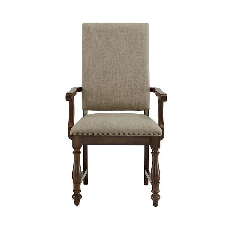 Chaise de salle à manger avec accoudoirs Tom 26 po, polyester beige, clous décoratifs, bois massif brun