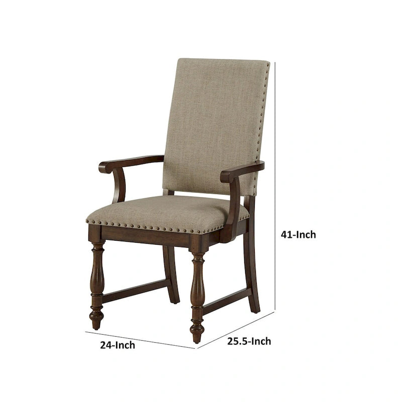 Chaise de salle à manger avec accoudoirs Tom 26 po, polyester beige, clous décoratifs, bois massif brun