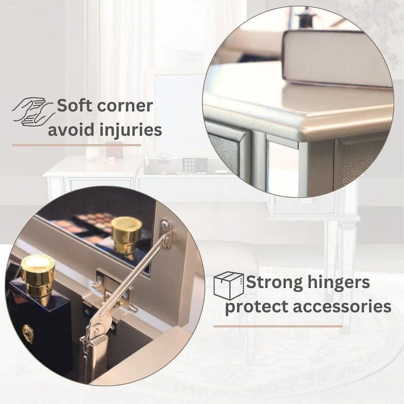 Commode 2 tiroirs avec miroir, coiffeuse, miroir relevable et tabouret