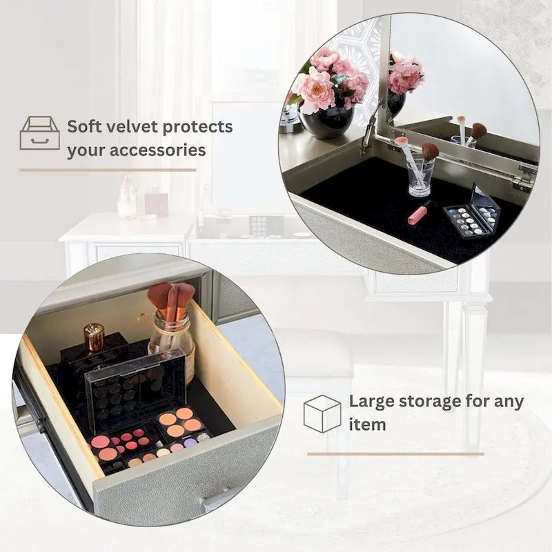Commode 2 tiroirs avec miroir, coiffeuse, miroir relevable et tabouret