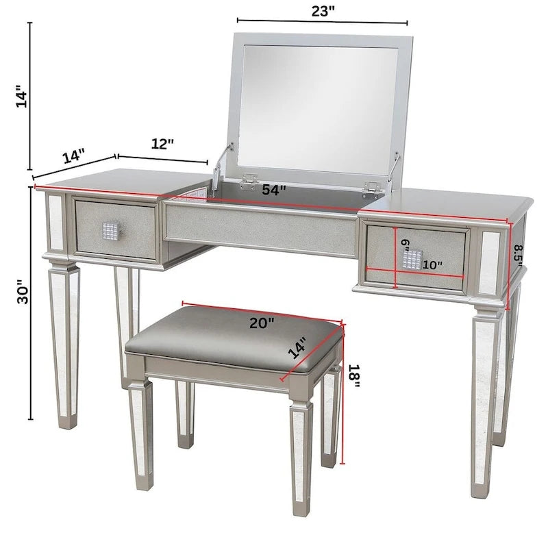 Commode 2 tiroirs avec miroir, coiffeuse, miroir relevable et tabouret