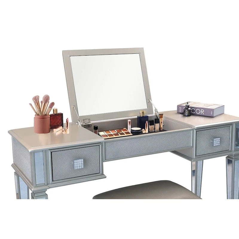 Commode 2 tiroirs avec miroir, coiffeuse, miroir relevable et tabouret