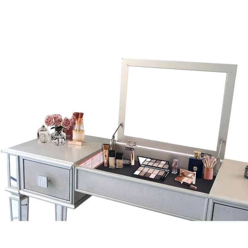 Commode 2 tiroirs avec miroir, coiffeuse, miroir relevable et tabouret