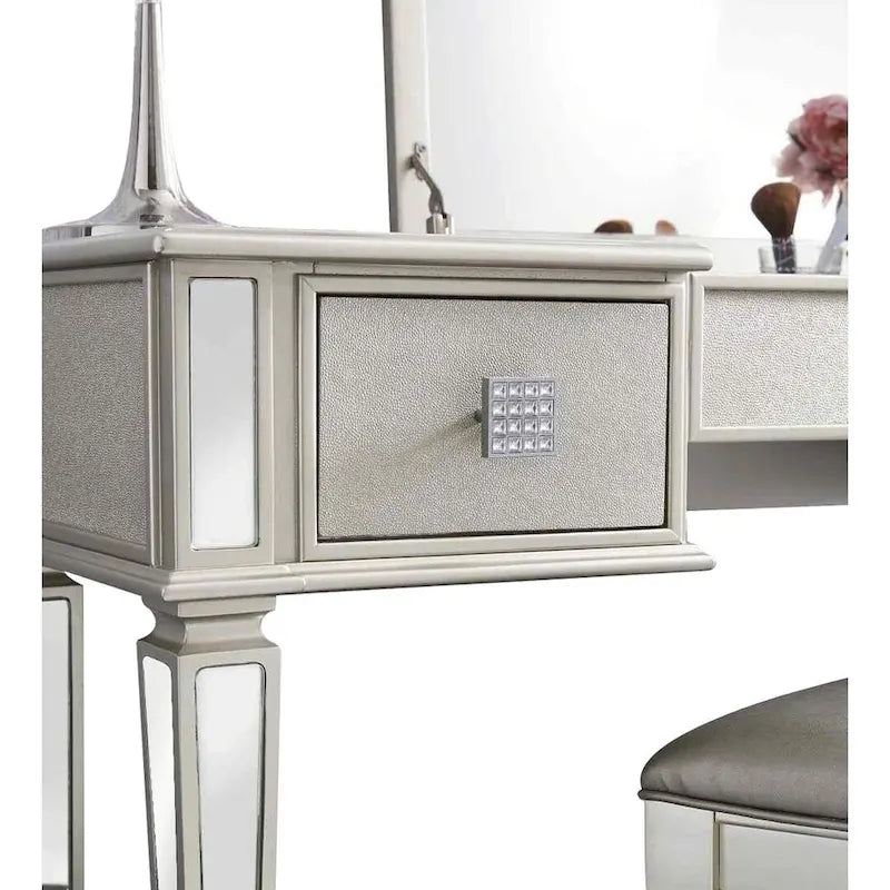 Commode 2 tiroirs avec miroir, coiffeuse, miroir relevable et tabouret